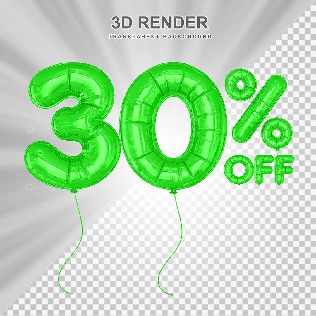 Elemento 3D Balão Verde de Número 30% para Composição PSD