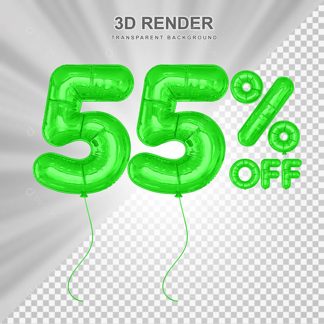 Elemento 3D Balão Verde de Número 55% para Composição PSD