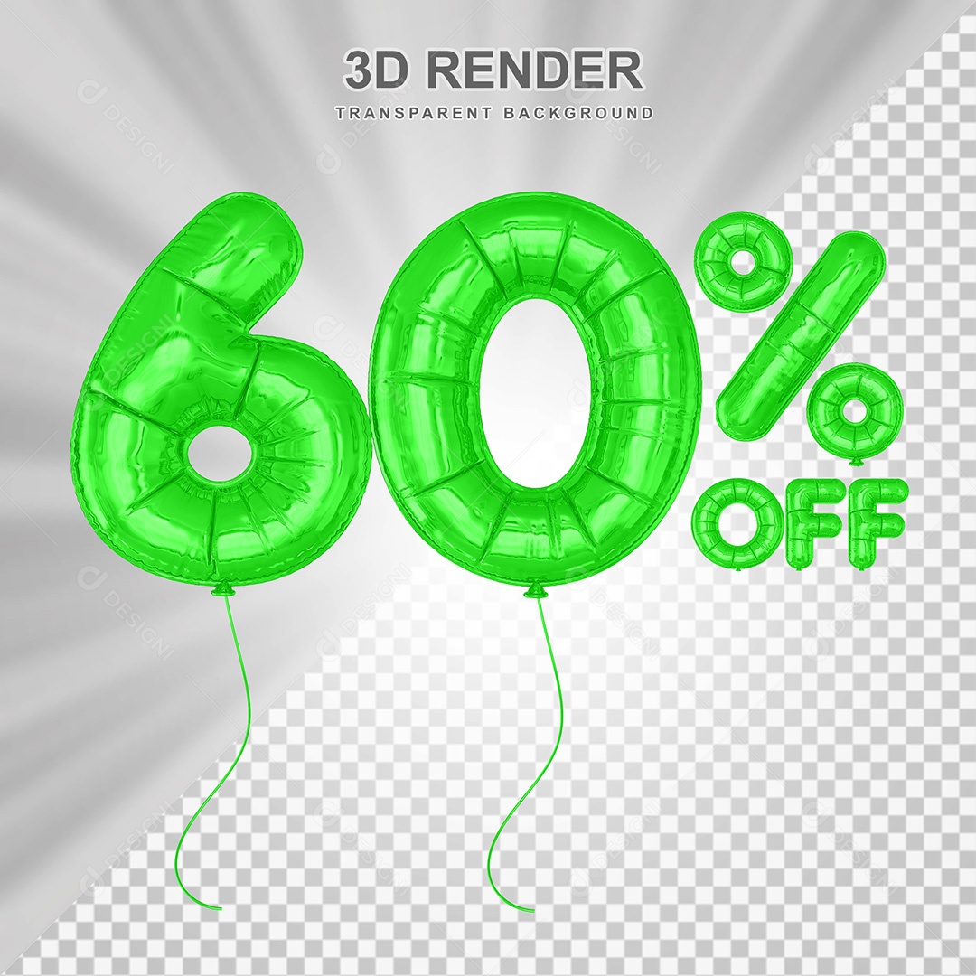 Elemento 3D Balão Verde de Número 60% para Composição PSD