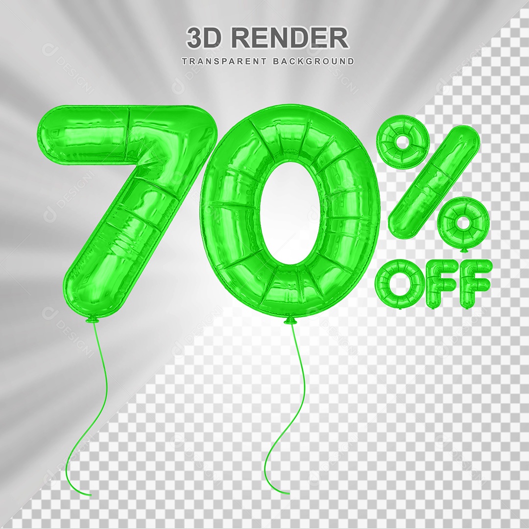 Elemento 3D Balão Verde de Número 70% para Composição PSD