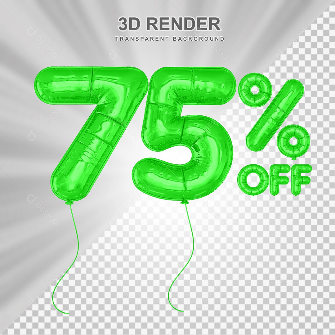 Elemento 3D Balão Verde de Número 75% para Composição PSD
