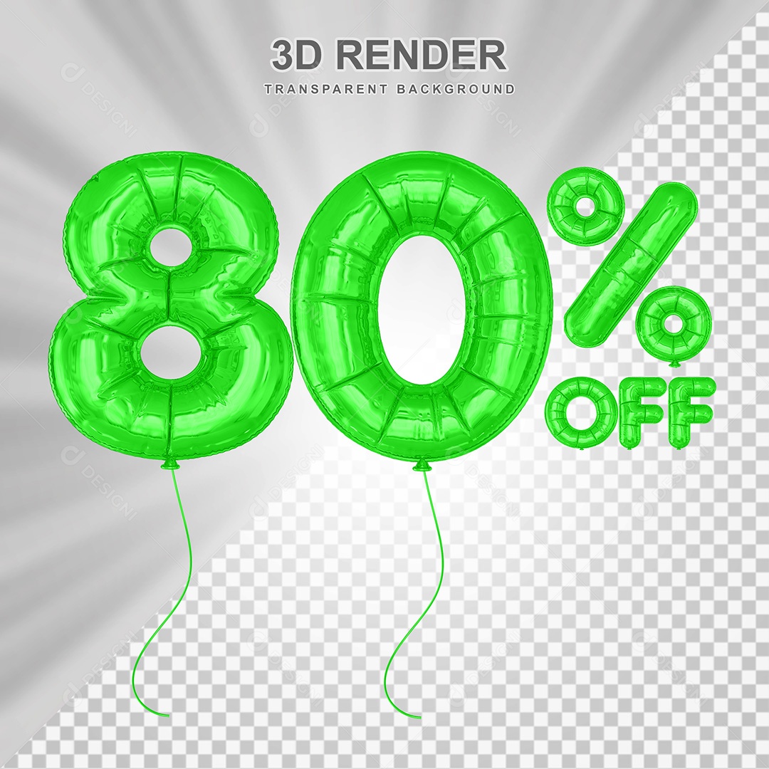 Elemento 3D Balão Verde de Número 80% para Composição PSD