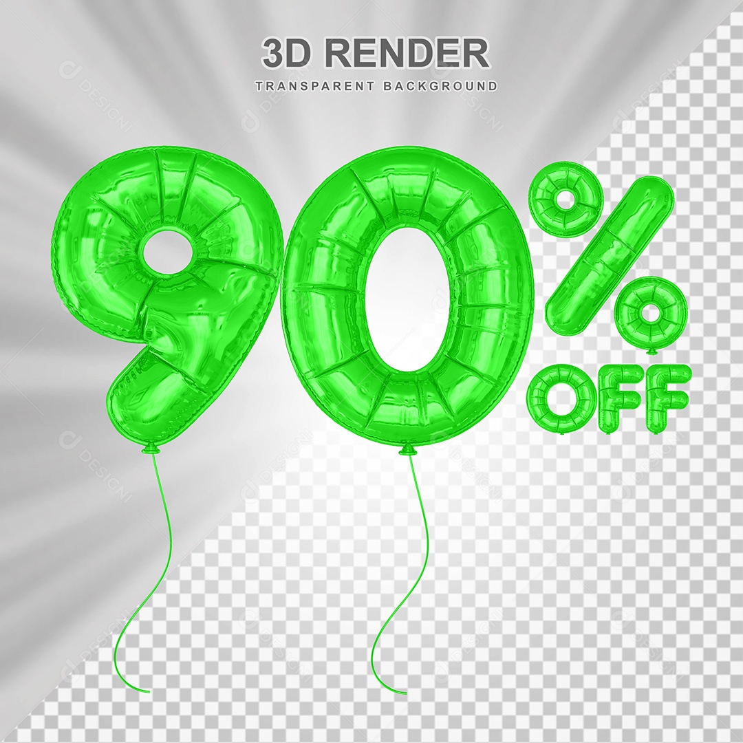 Elemento 3D Balão Verde de Número 90% para Composição PSD