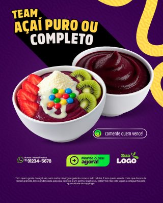 Açaiteria Team Açaí Puro ou Completo Social Media PSD Editável