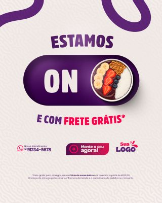Açaiteria Estamos On e Com Frete Grátis Social Media PSD Editável