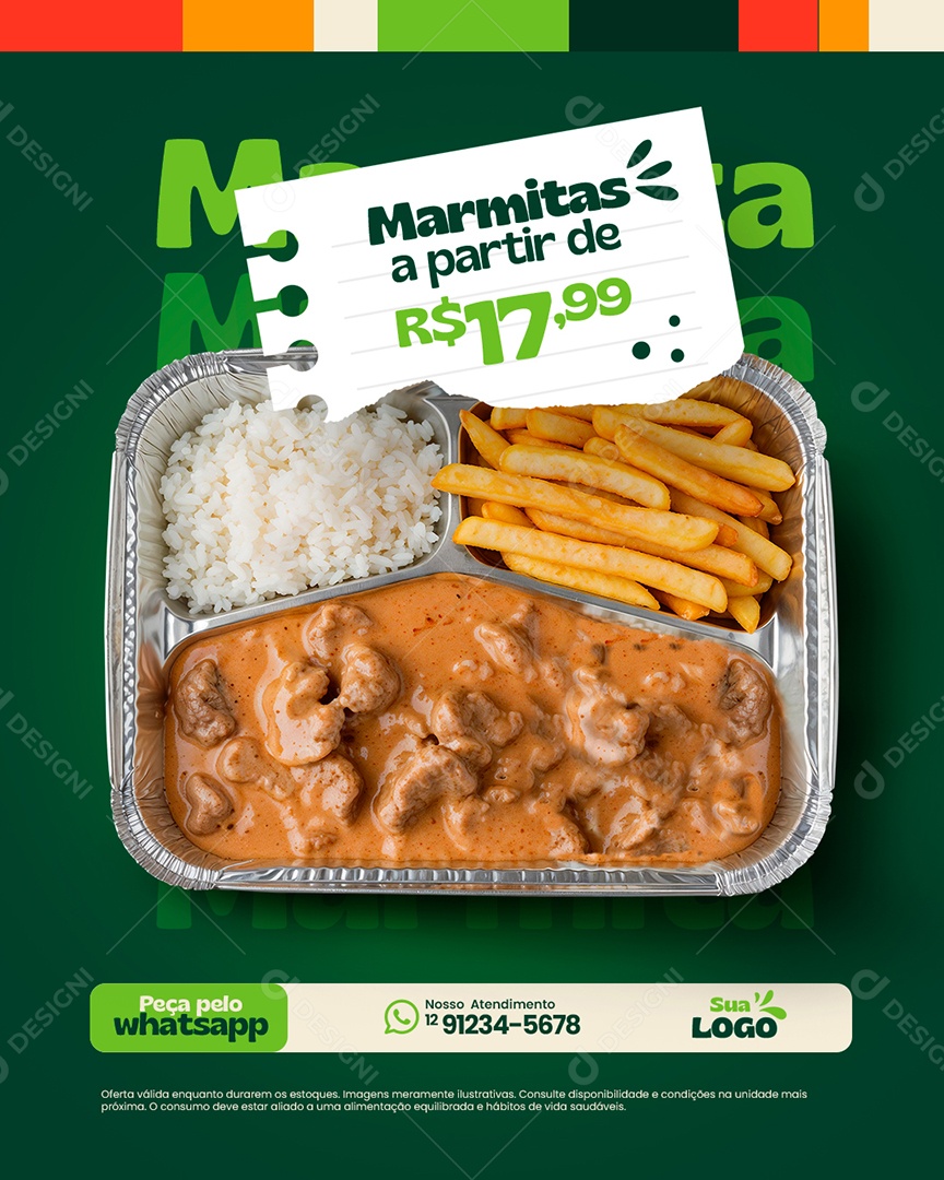 Restaurante Marmitas Peça pelo Whatsapp Social Media PSD Editável