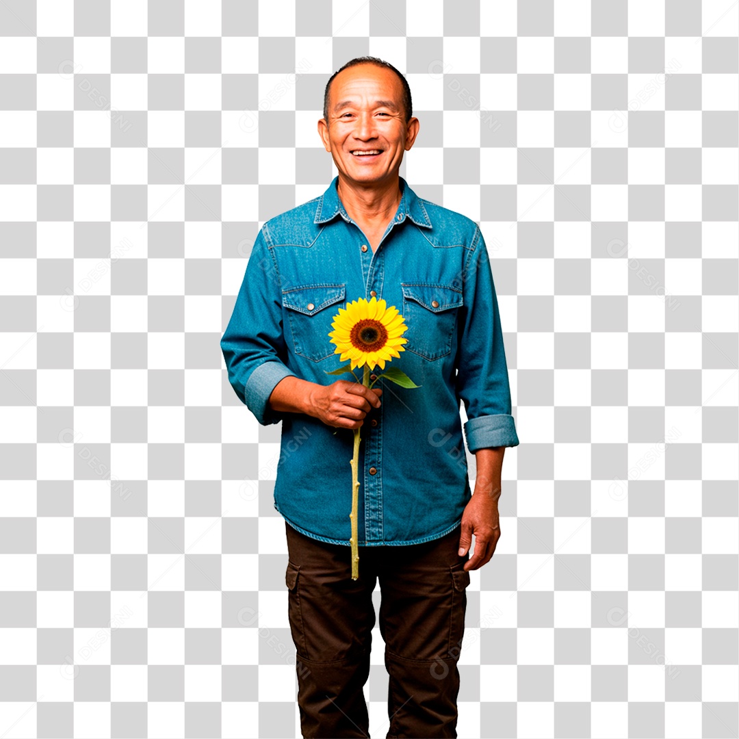 Fazendeiro Segurando Girassol PNG Transparente