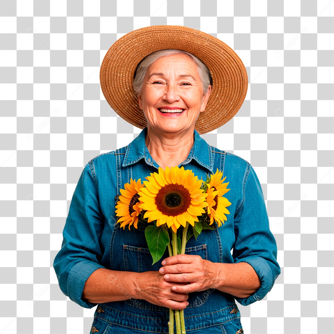 Fazendeira Segurando Girassol PNG Transparente