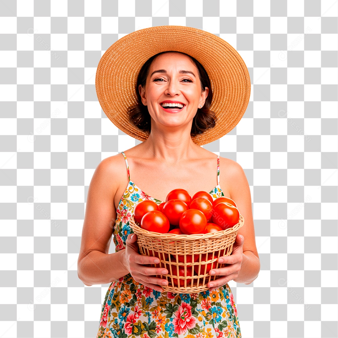 Mulher Segurando Cesta de Tomates PNG Transparente
