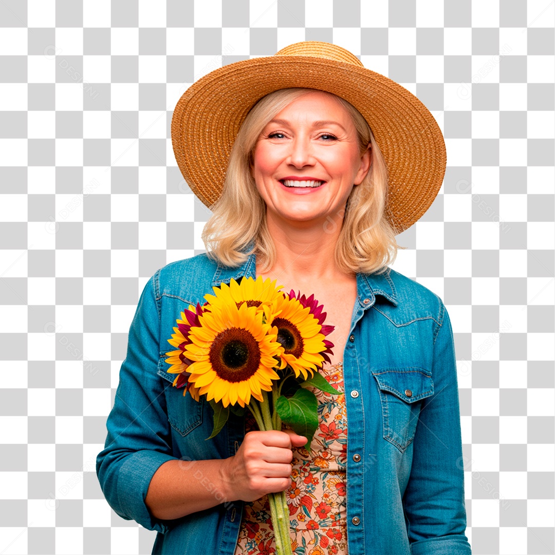 Fazendeira Segurando Girassol PNG Transparente