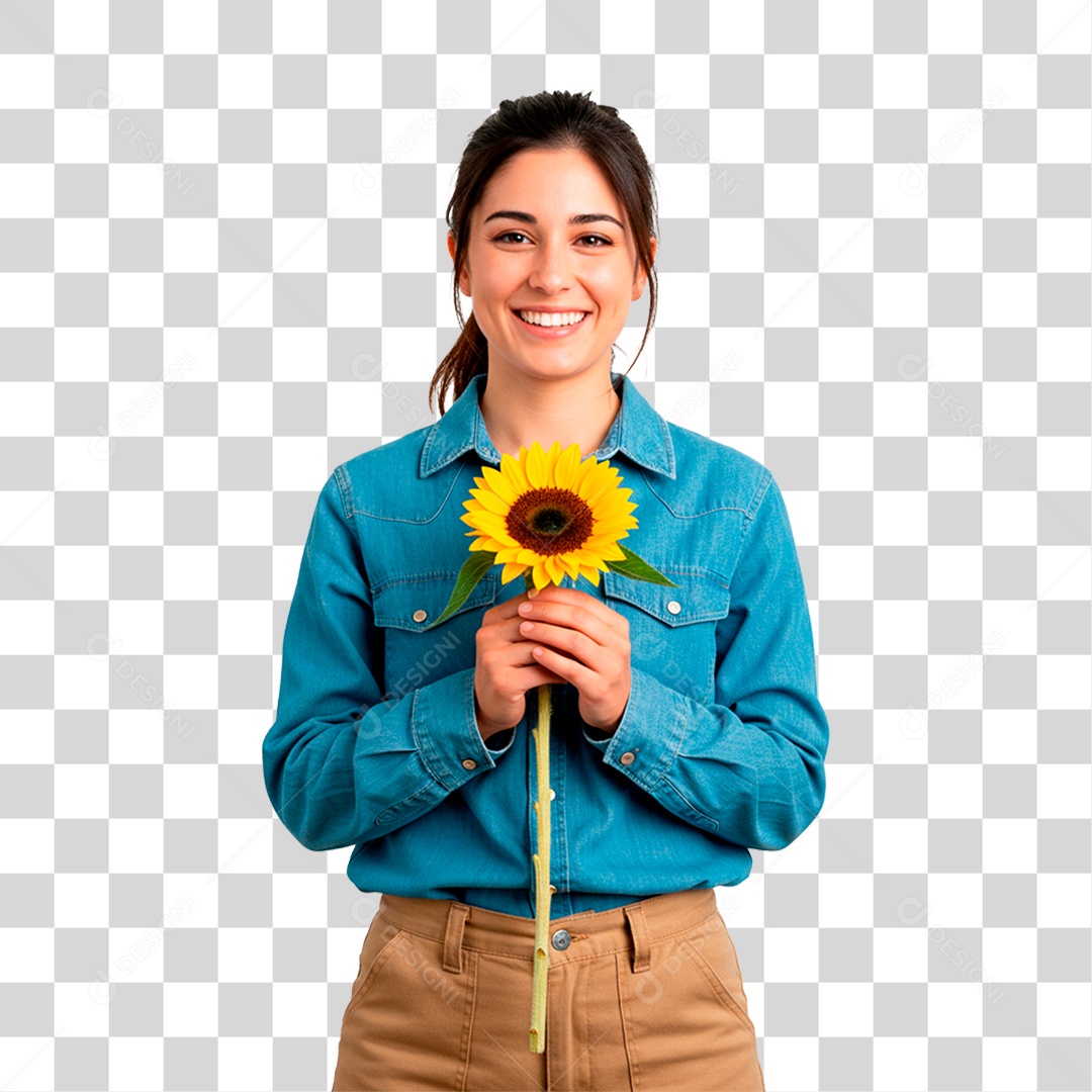 Fazendeira Segurando Girassol PNG Transparente