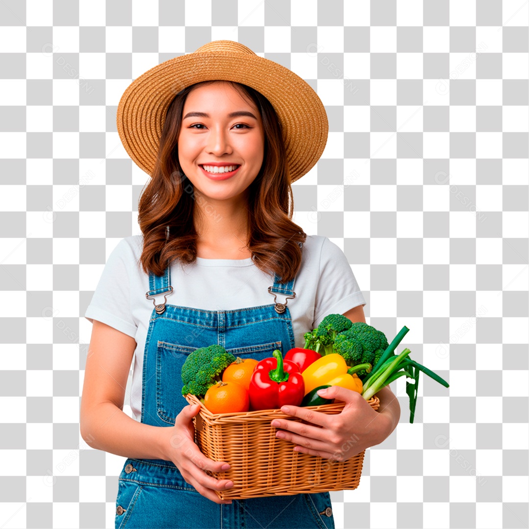 Mulher Segurando Cesta de Verduras PNG Transparente