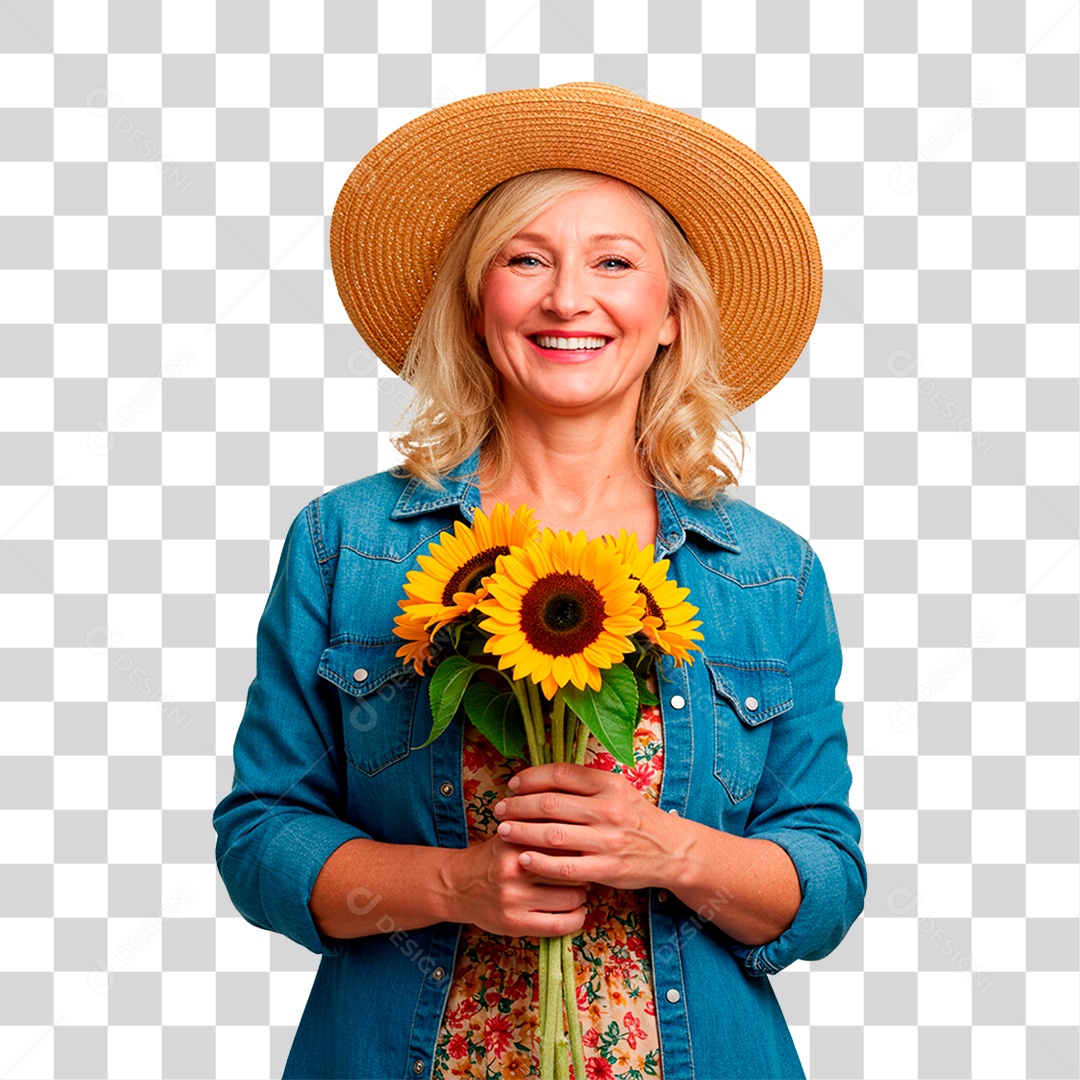 Fazendeira Segurando Girassol PNG Transparente