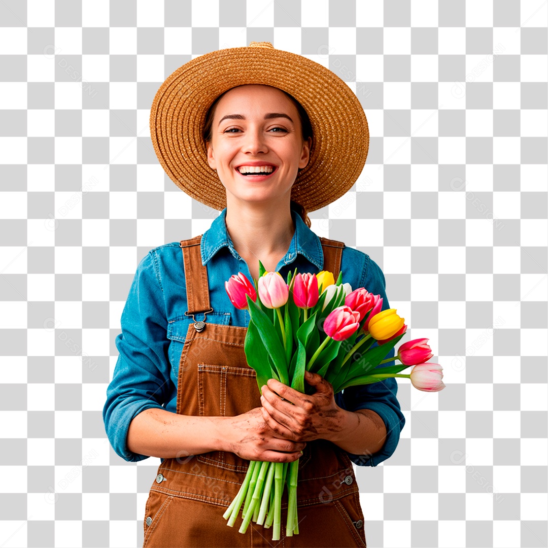 Fazendeira Segurando Flores PNG Transparente