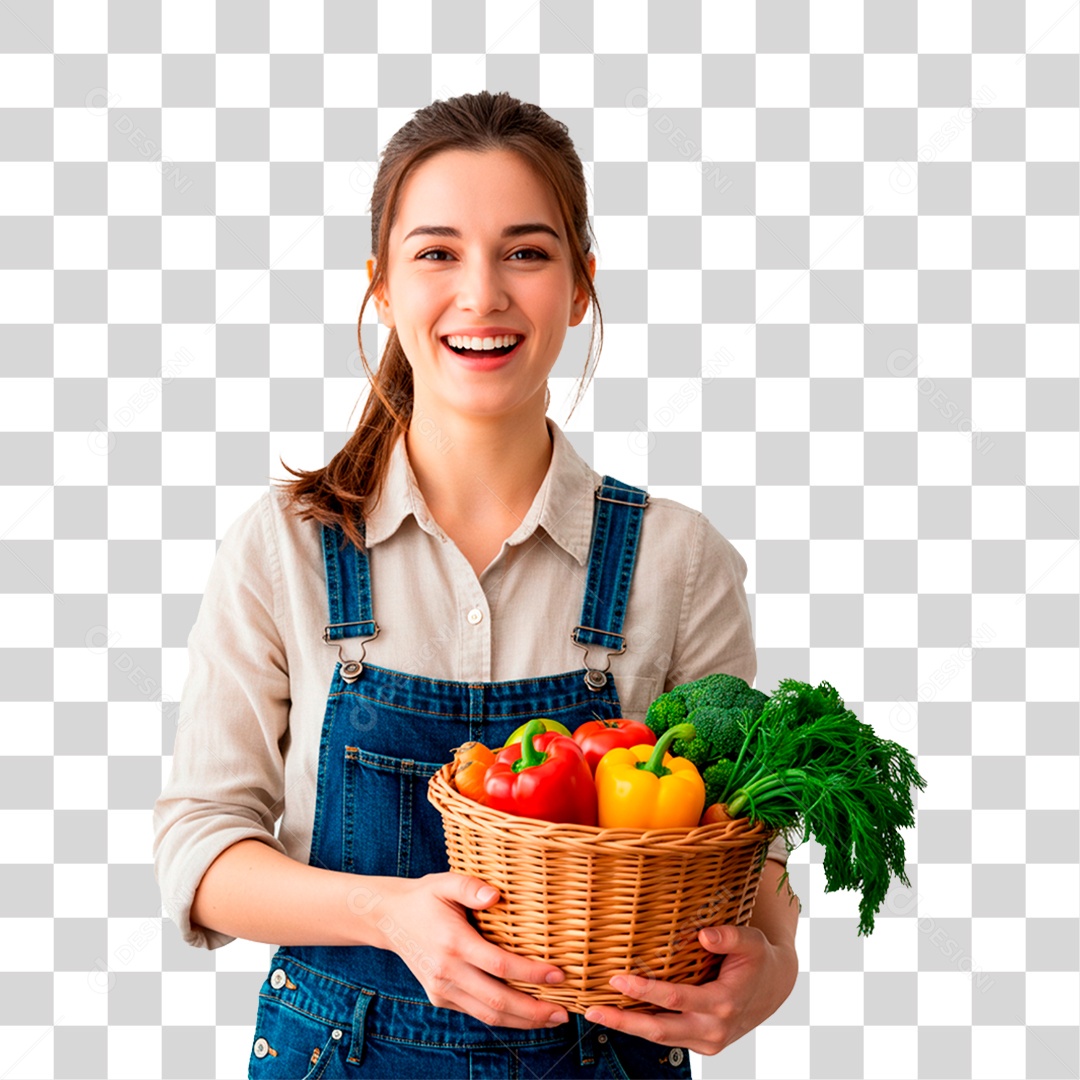 Mulher Segurando Cesta de Verduras PNG Transparente