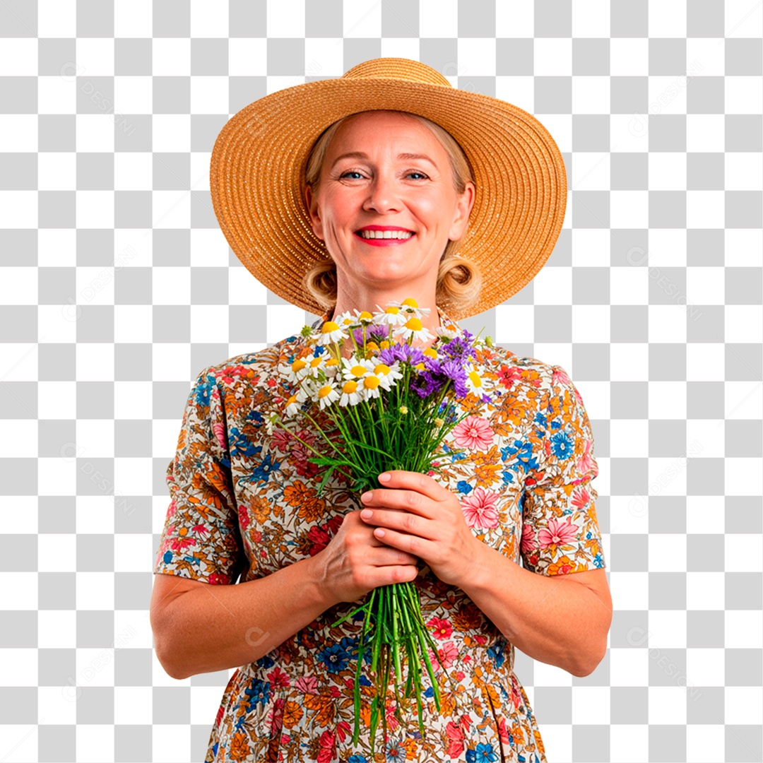 Fazendeira Segurando Flores PNG Transparente