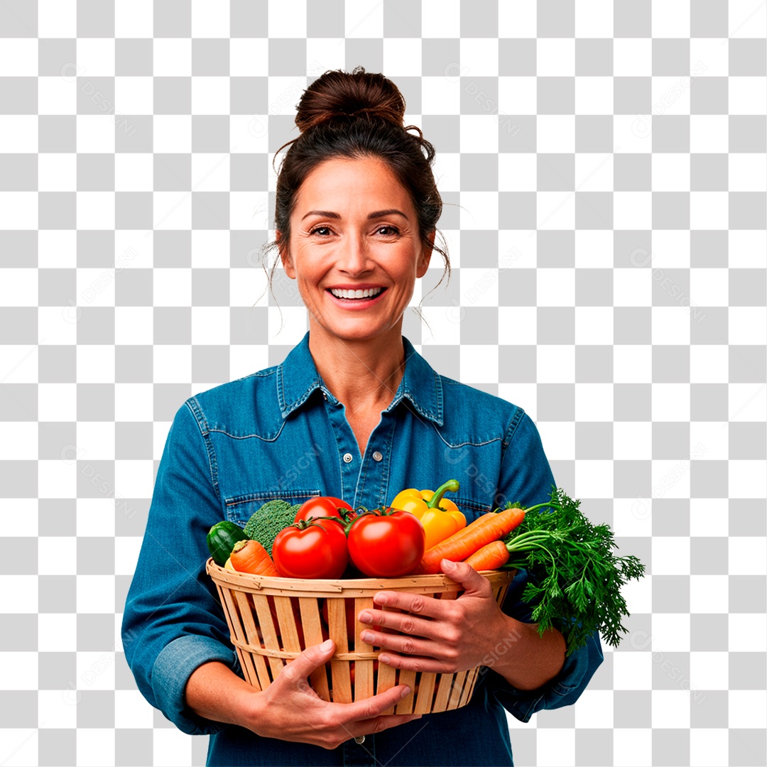 Mulher Segurando Cesta de Verduras PNG Transparente