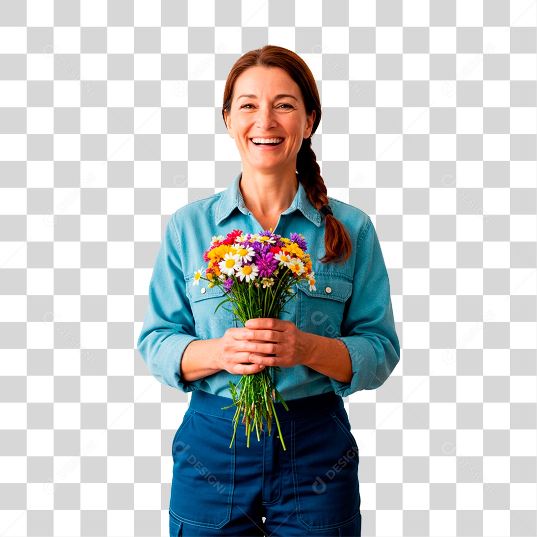 Fazendeira Segurando Flores PNG Transparente