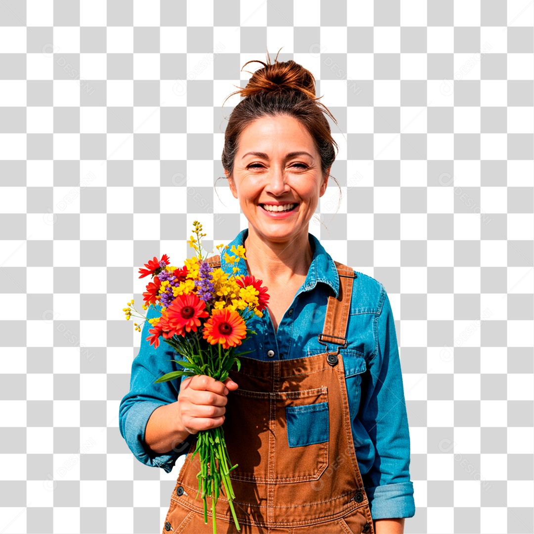 Fazendeira Segurando Flores PNG Transparente