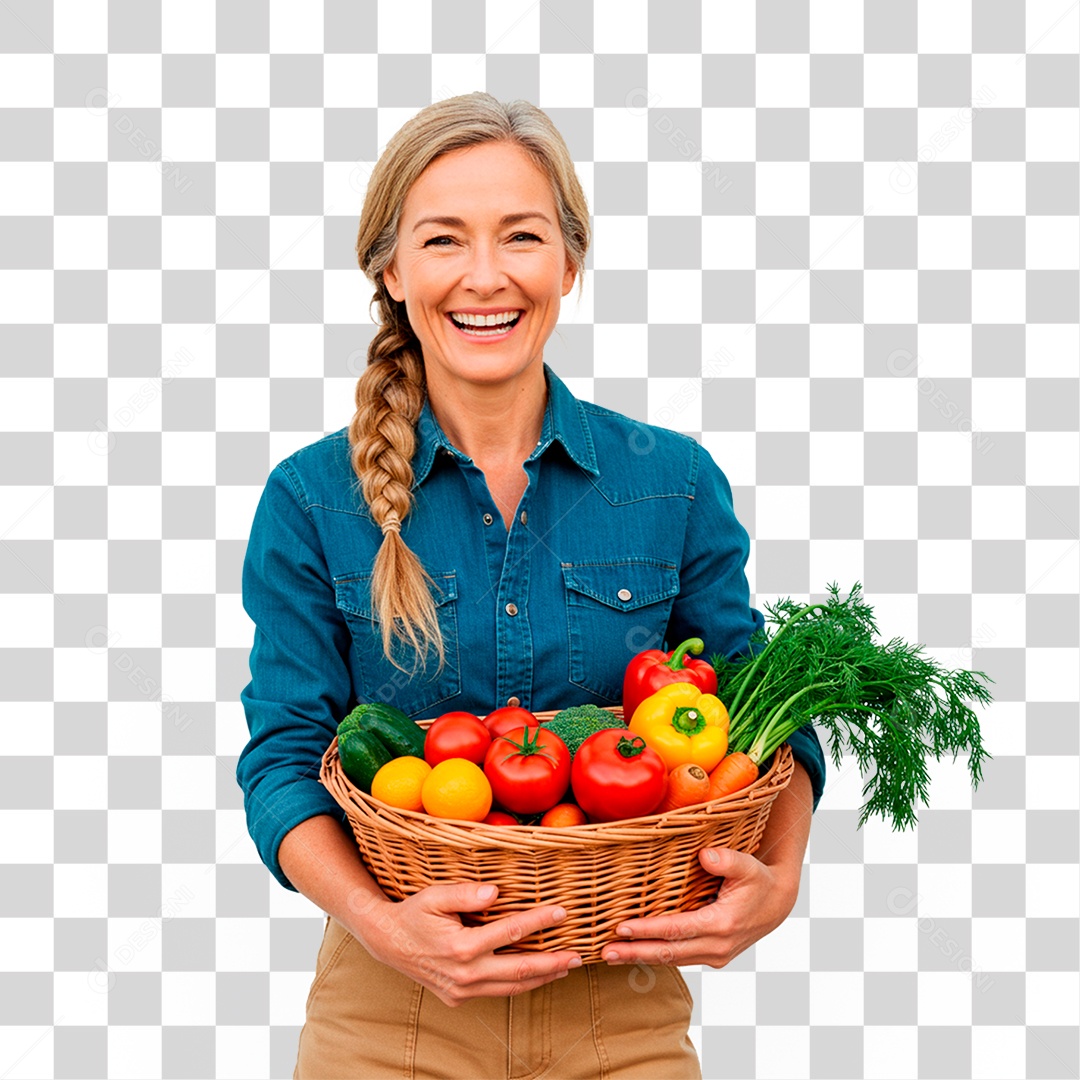 Mulher Segurando Cesta de Verduras PNG Transparente