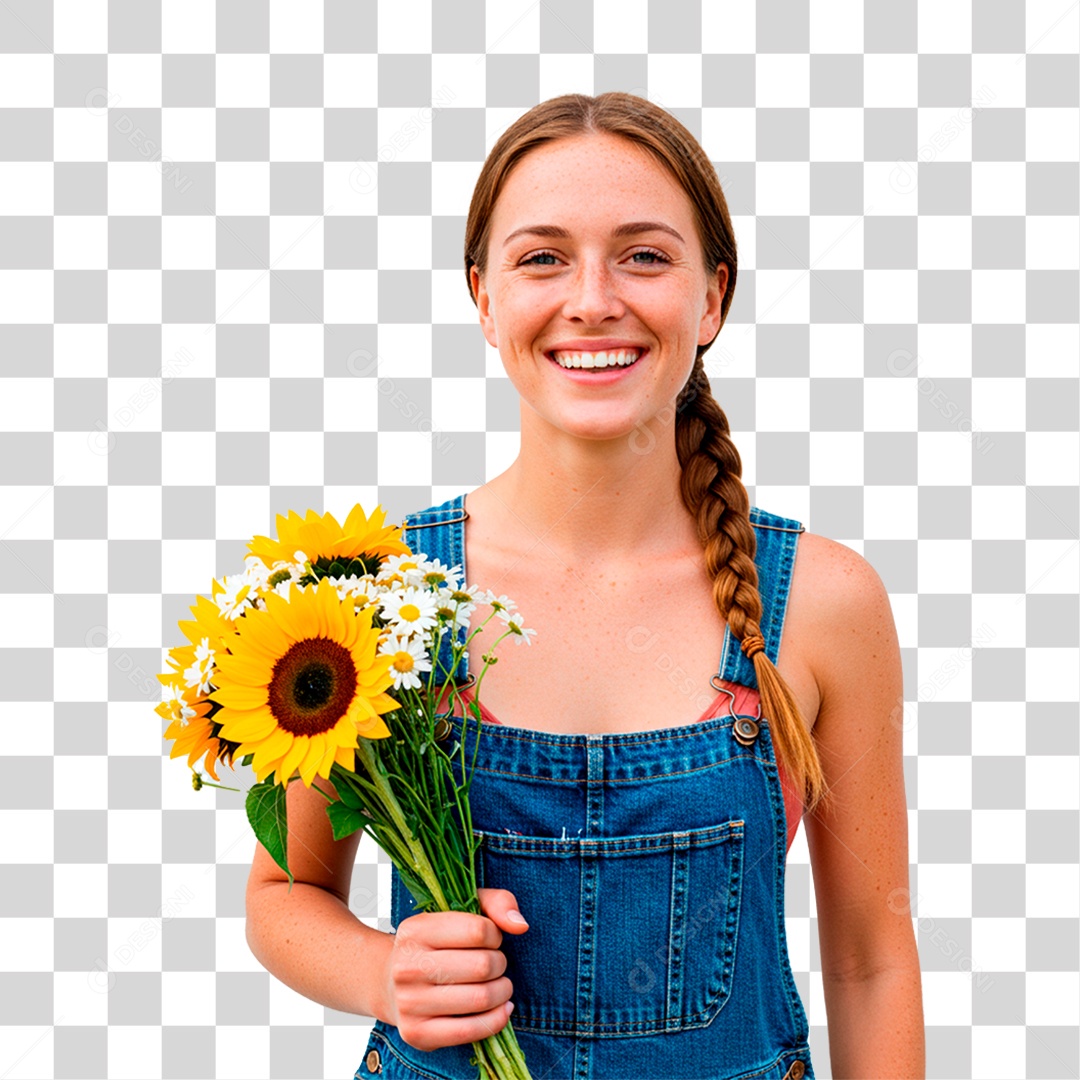 Fazendeira Segurando Flores PNG Transparente