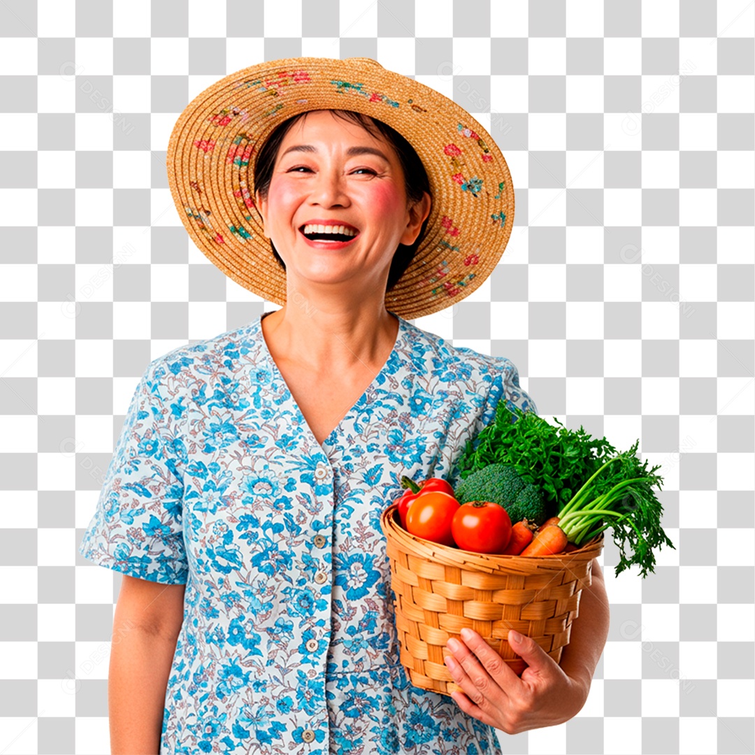 Mulher Segurando Cesta de Verduras PNG Transparente