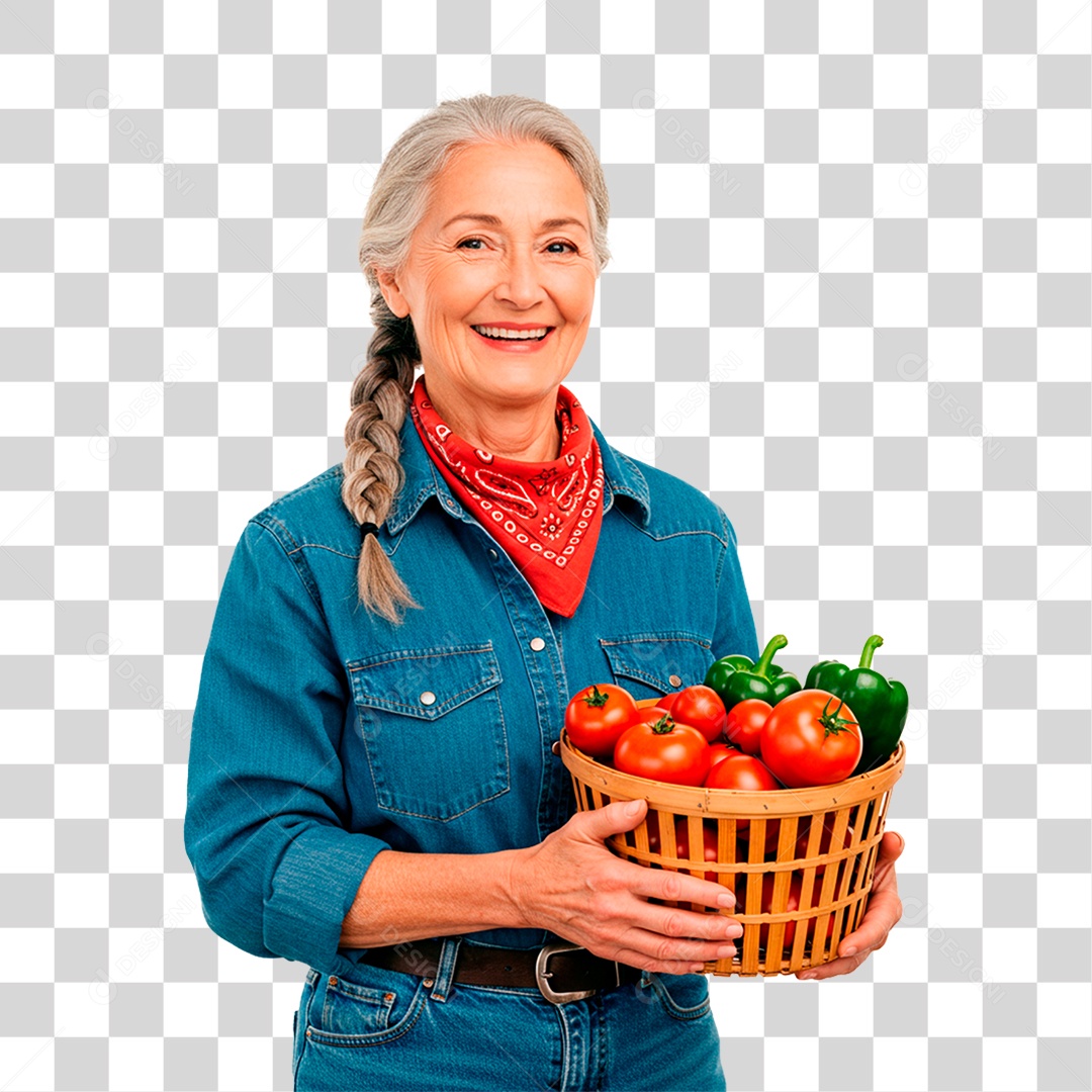 Mulher Segurando Cesta de Verduras PNG Transparente