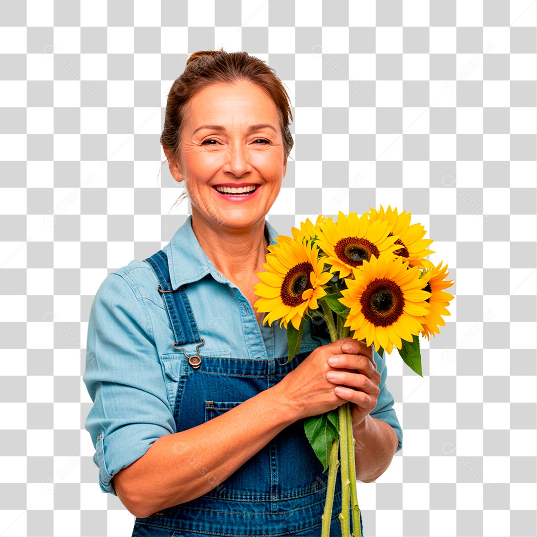 Fazendeira Segurando Girassol PNG Transparente