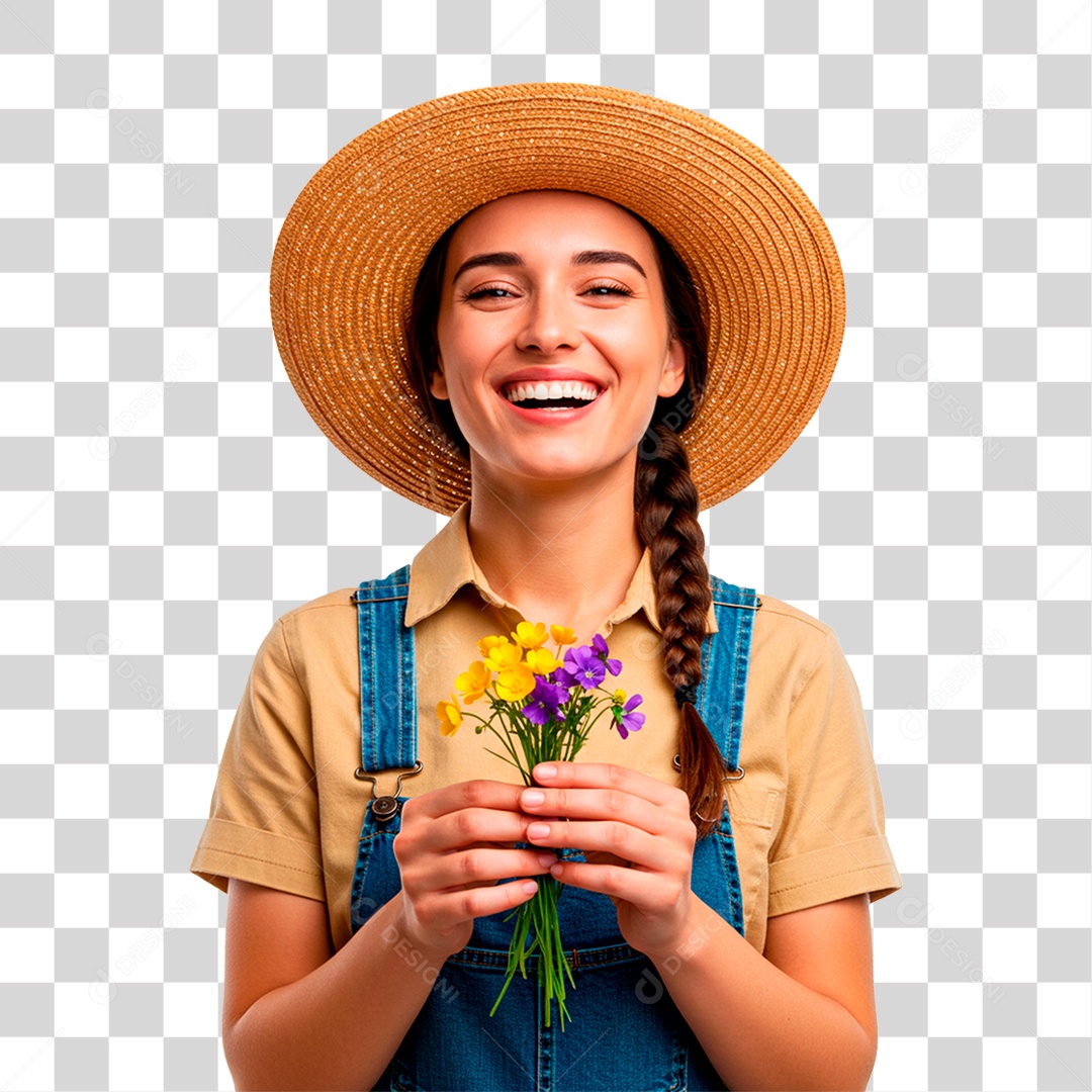 Fazendeira Segurando Flores PNG Transparente