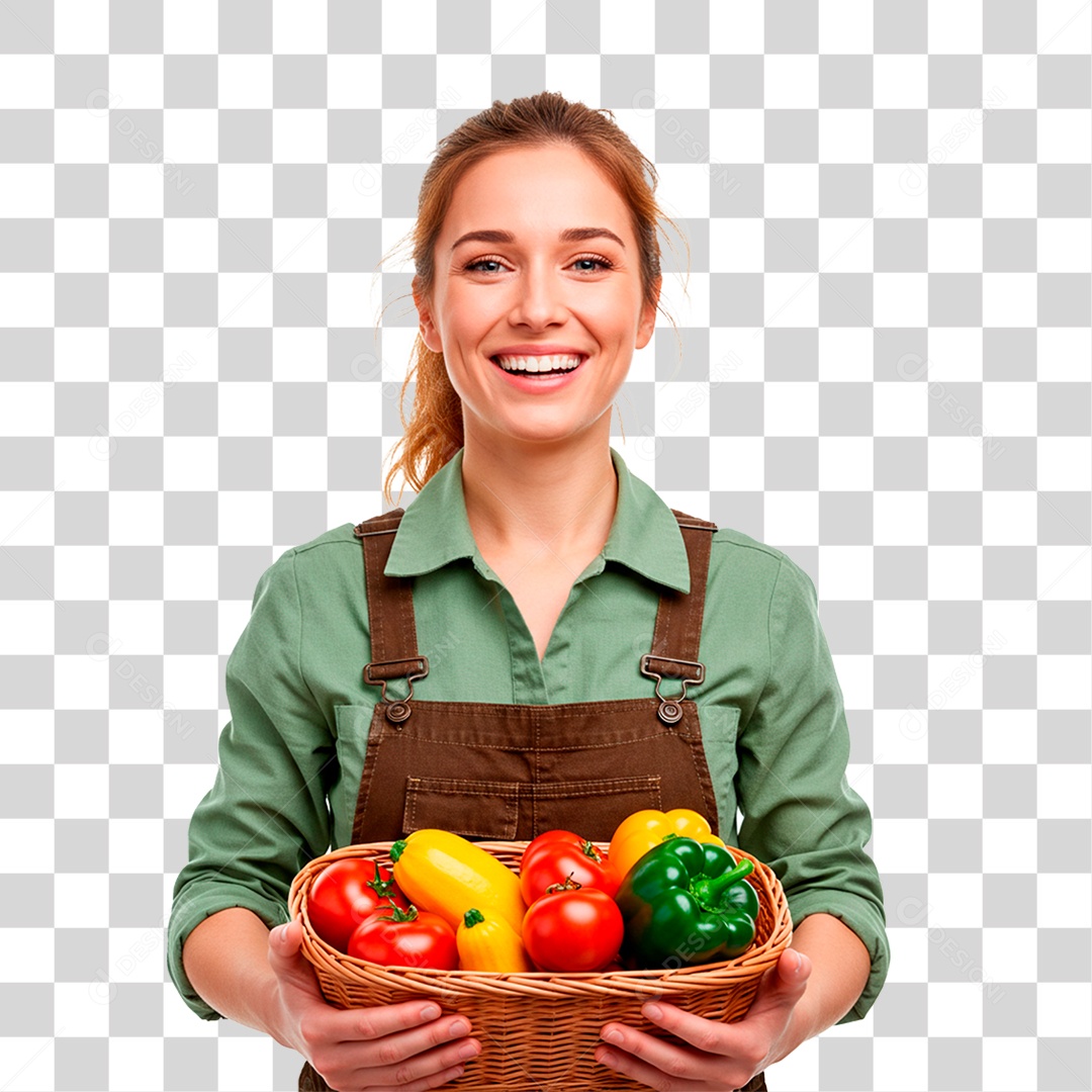 Mulher Segurando Cesta de Verduras PNG Transparente