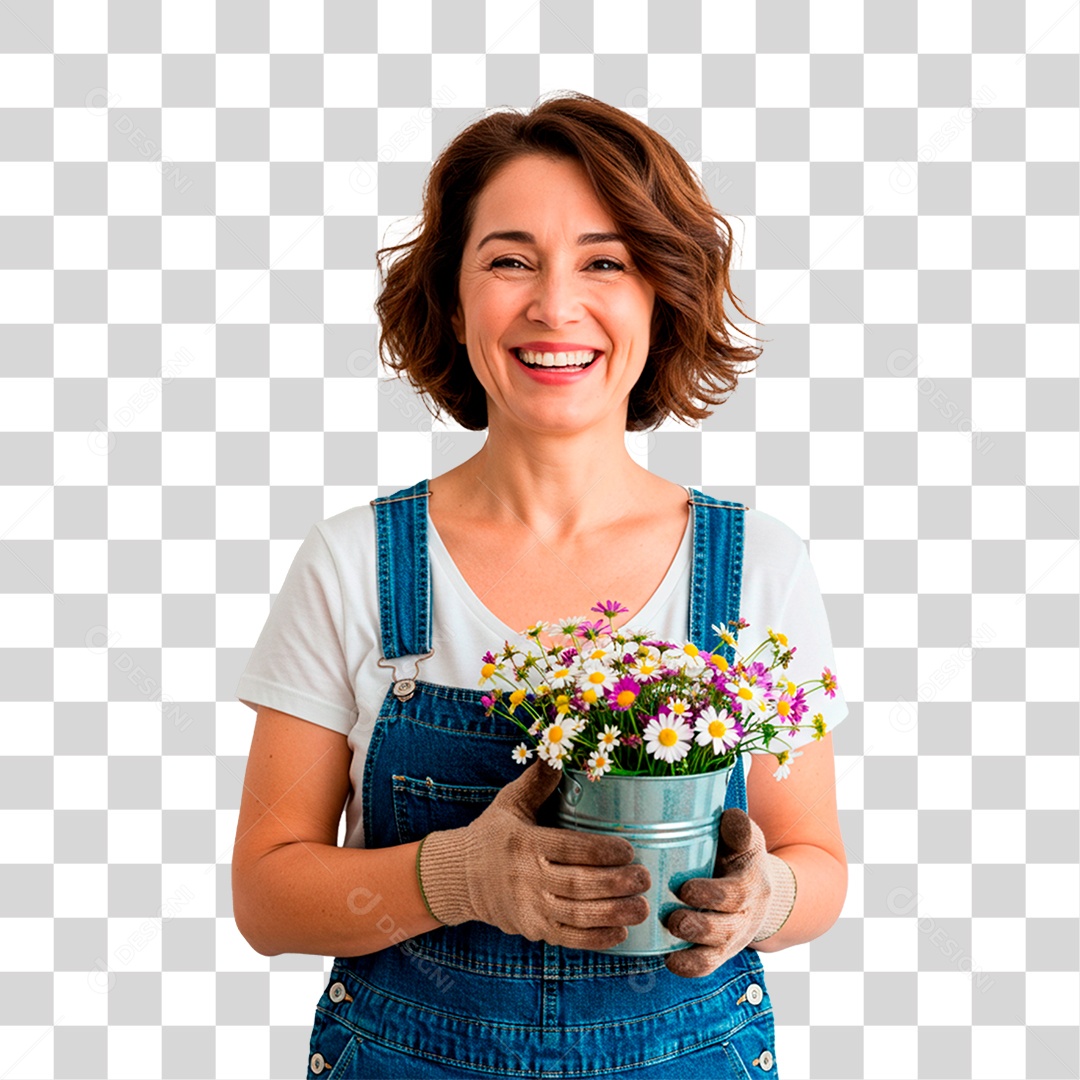 Fazendeira Segurando Vaso de Flor PNG Transparente