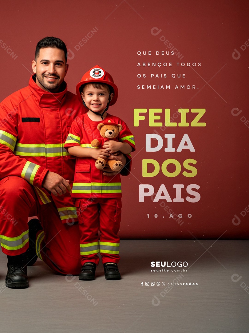 Feliz Dia dos Pais 10 de Agosto Bombeiro Social Media PSD Editável
