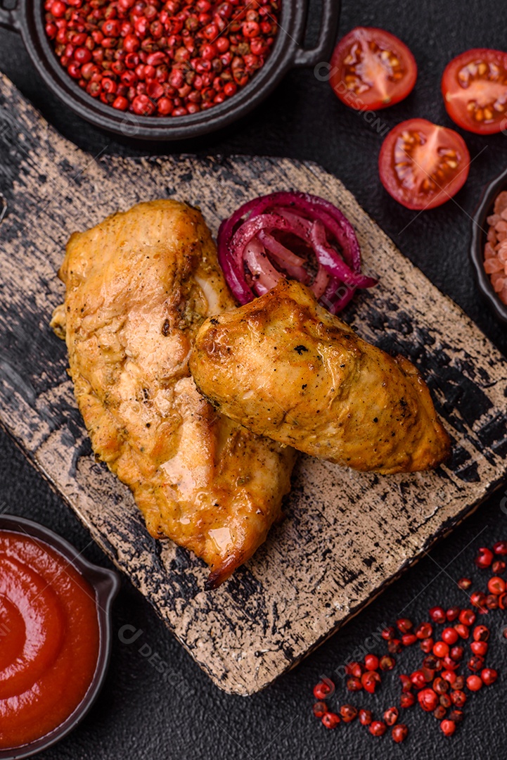 Filés de frango grelhados ou assados, acompanhados de tomates cereja, cebola roxa em rodelas e alguns temperos ou especiarias em grãos e em pó. Há também um molho vermelho em um recipiente separado, que pode ser ketchup ou outro molho à base de tomate