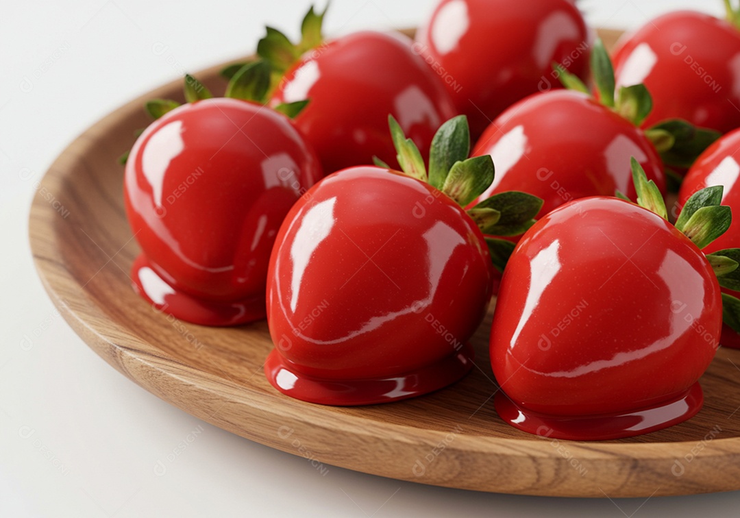 Deliciosos morangos do amor em uma tábua sobre um fundo desfocado