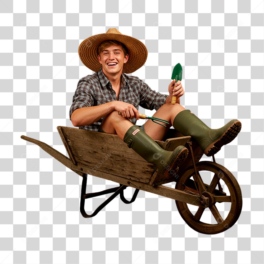 Jardineiro Sentado no Carinho de Mão PNG Transparente