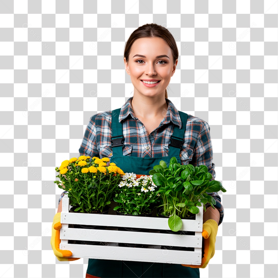 Jardineira Segurando Caixa de Planta PNG Transparente