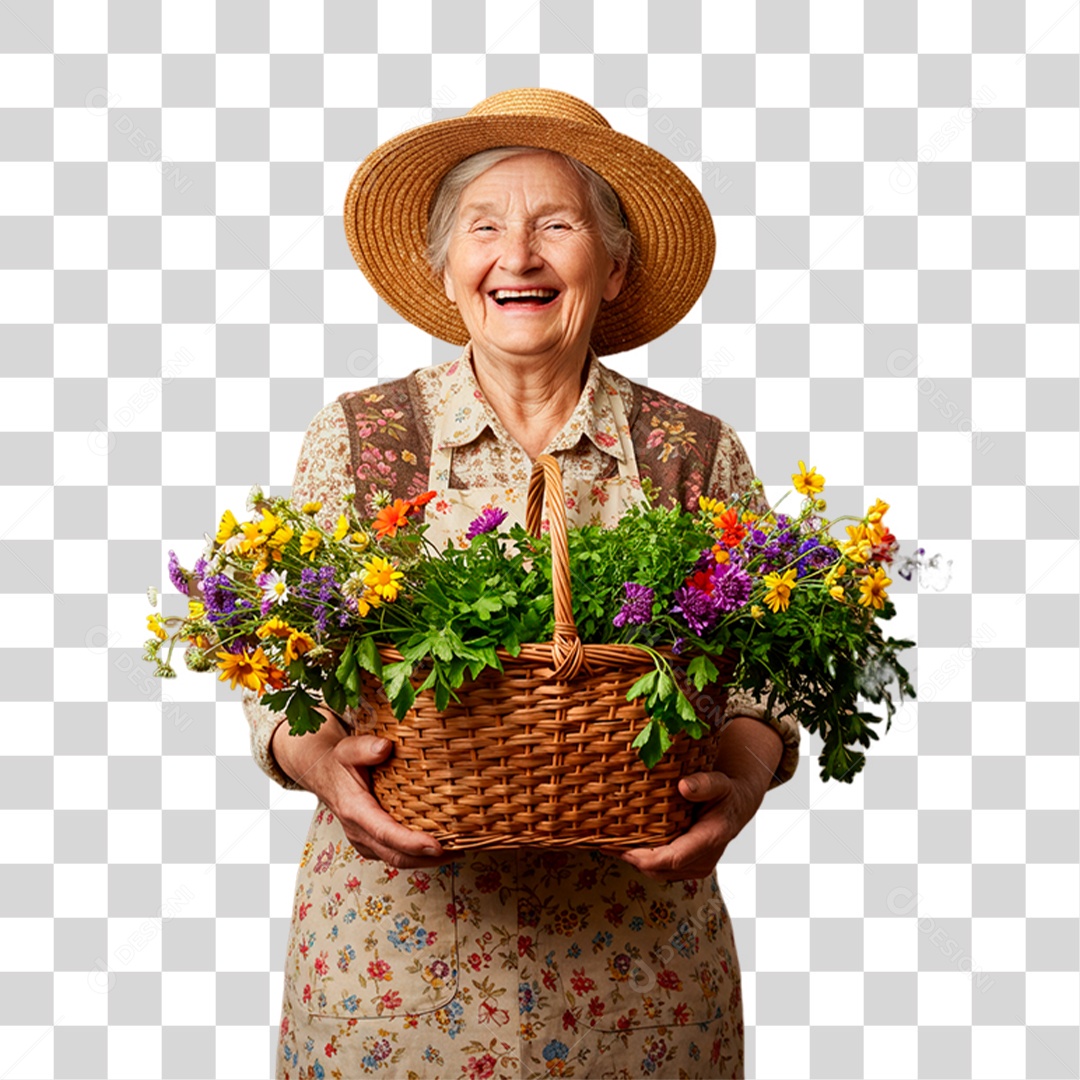 Mulher Idosa Segurando Cesta de Flores PNG Transparente