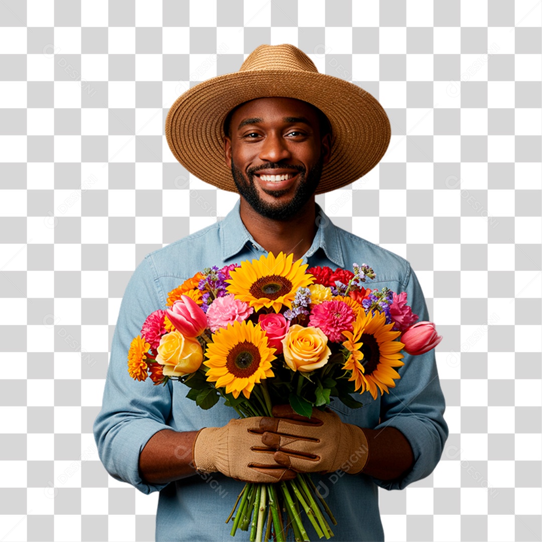 Jardineiro Segurando Buquê de Flores PNG Transparente