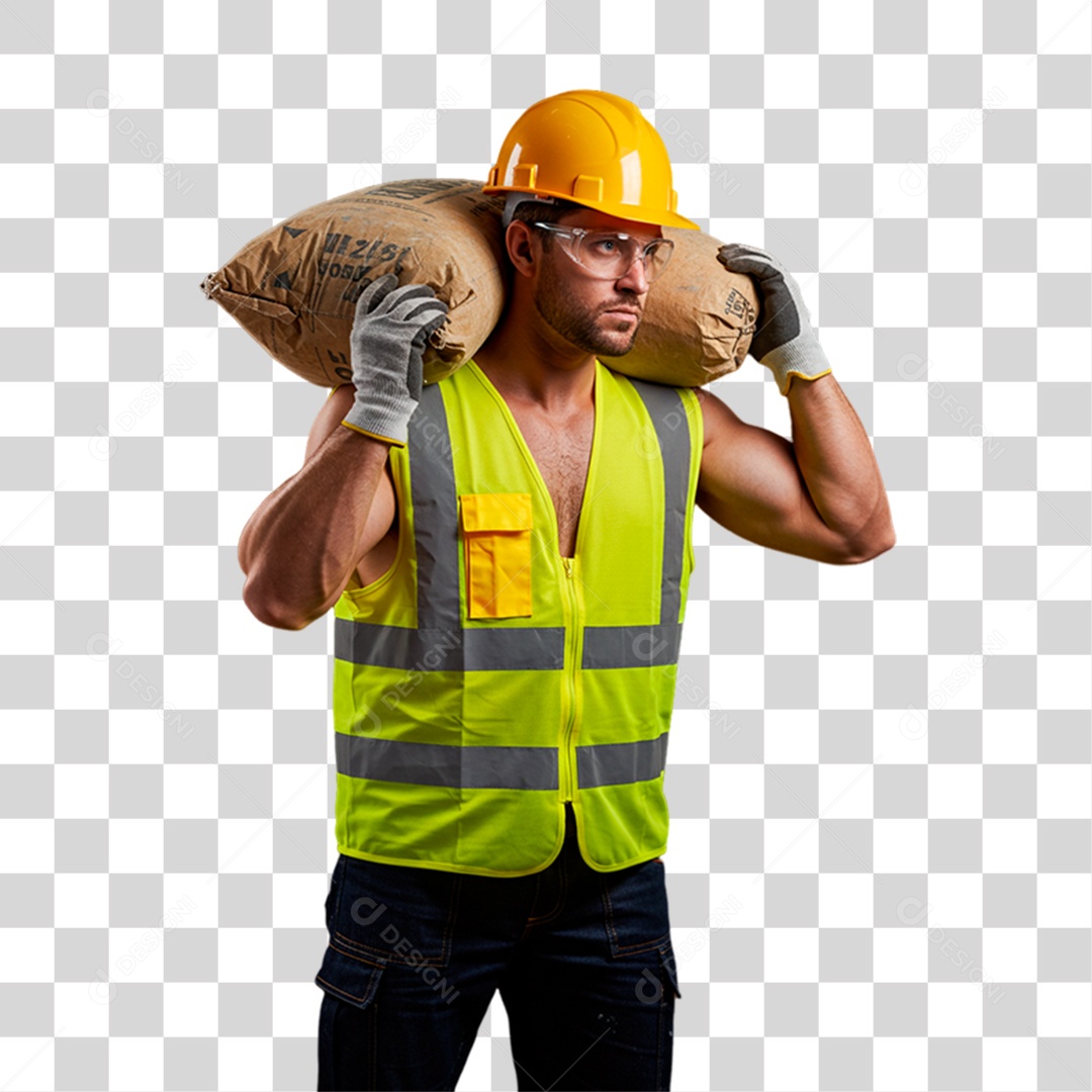 Pedreiro Segurando Saco de Cimento PNG Transparente