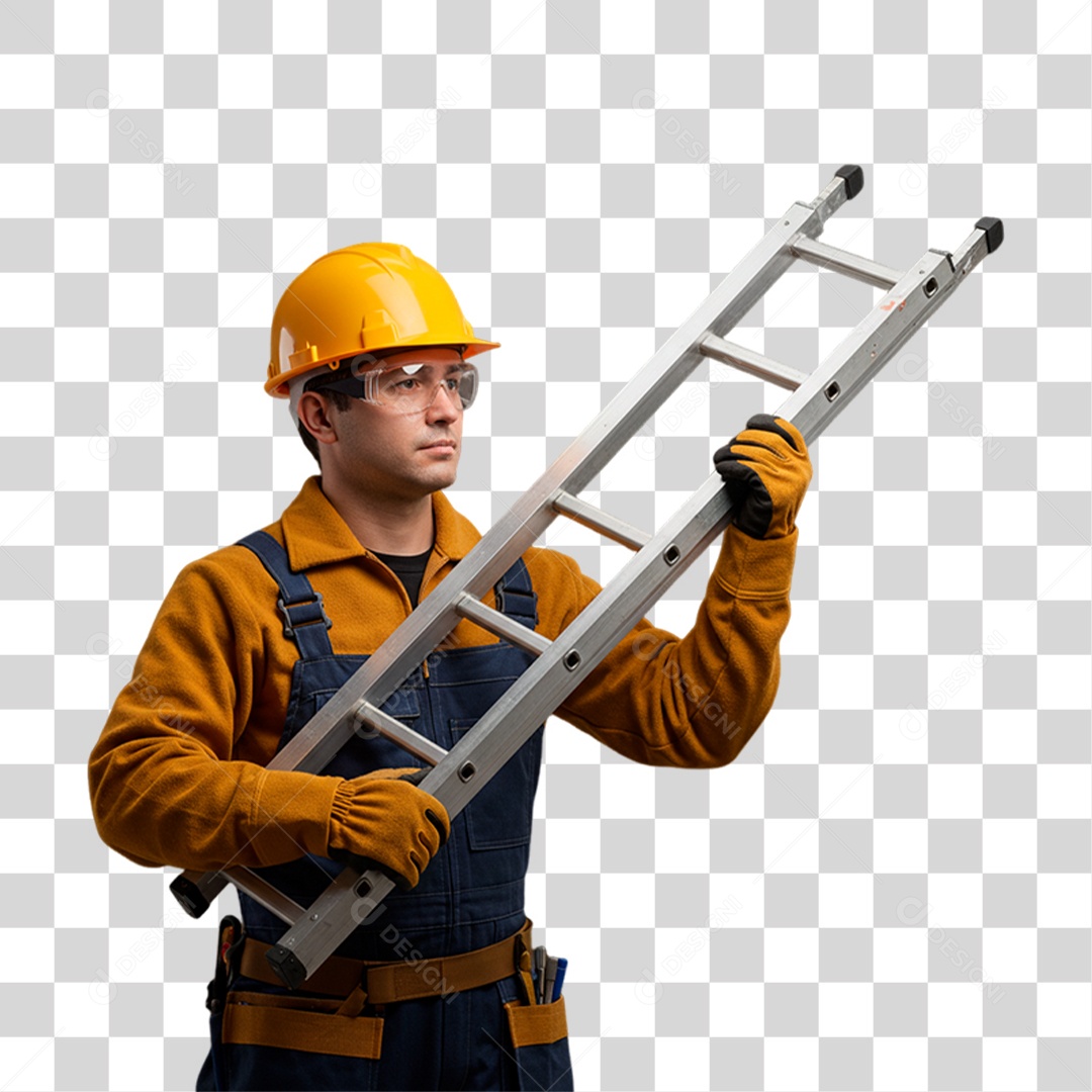Pedreiro Segurando Escada de Alumínio PNG Transparente