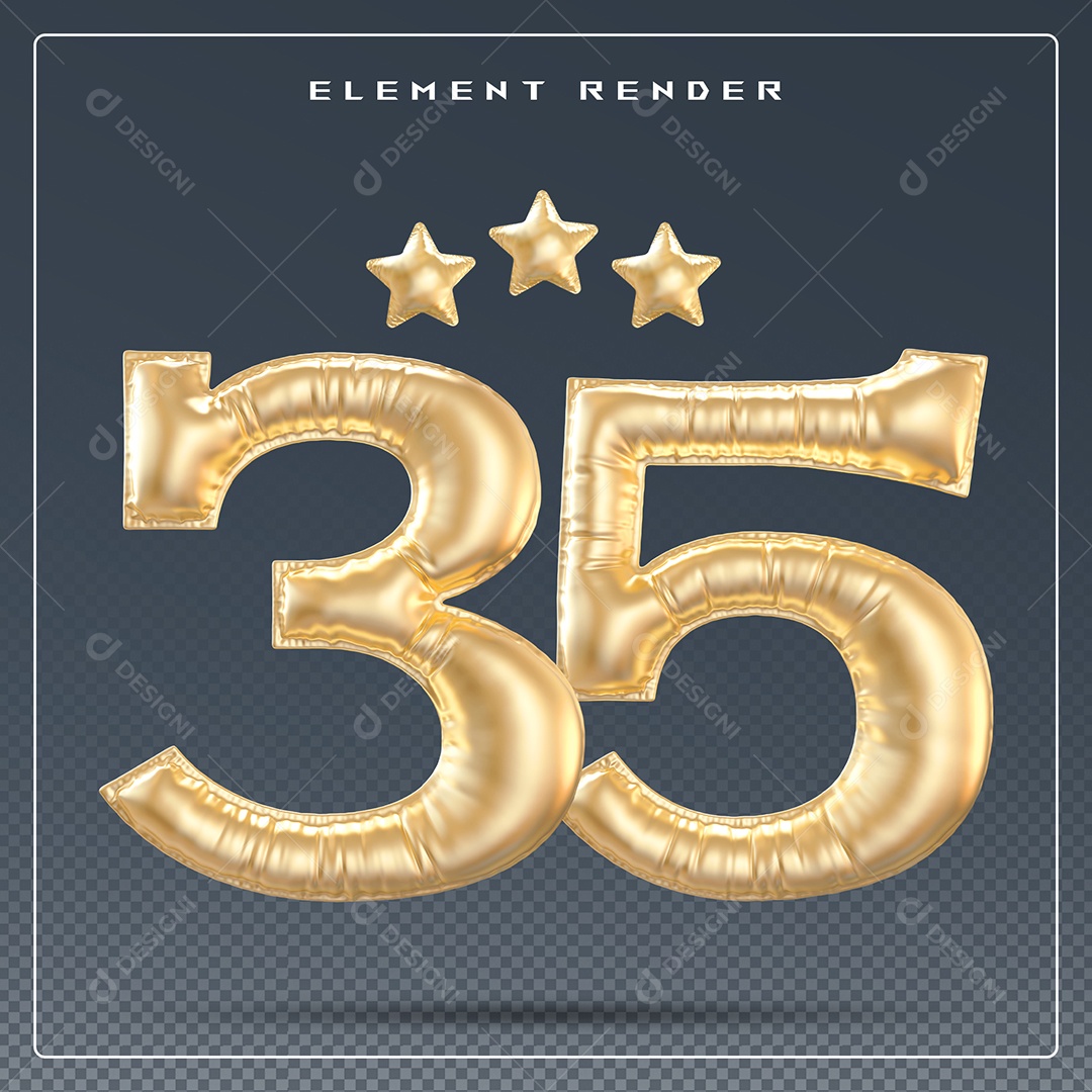 Elemento 3D Número 35 Dourado para Composição PSD