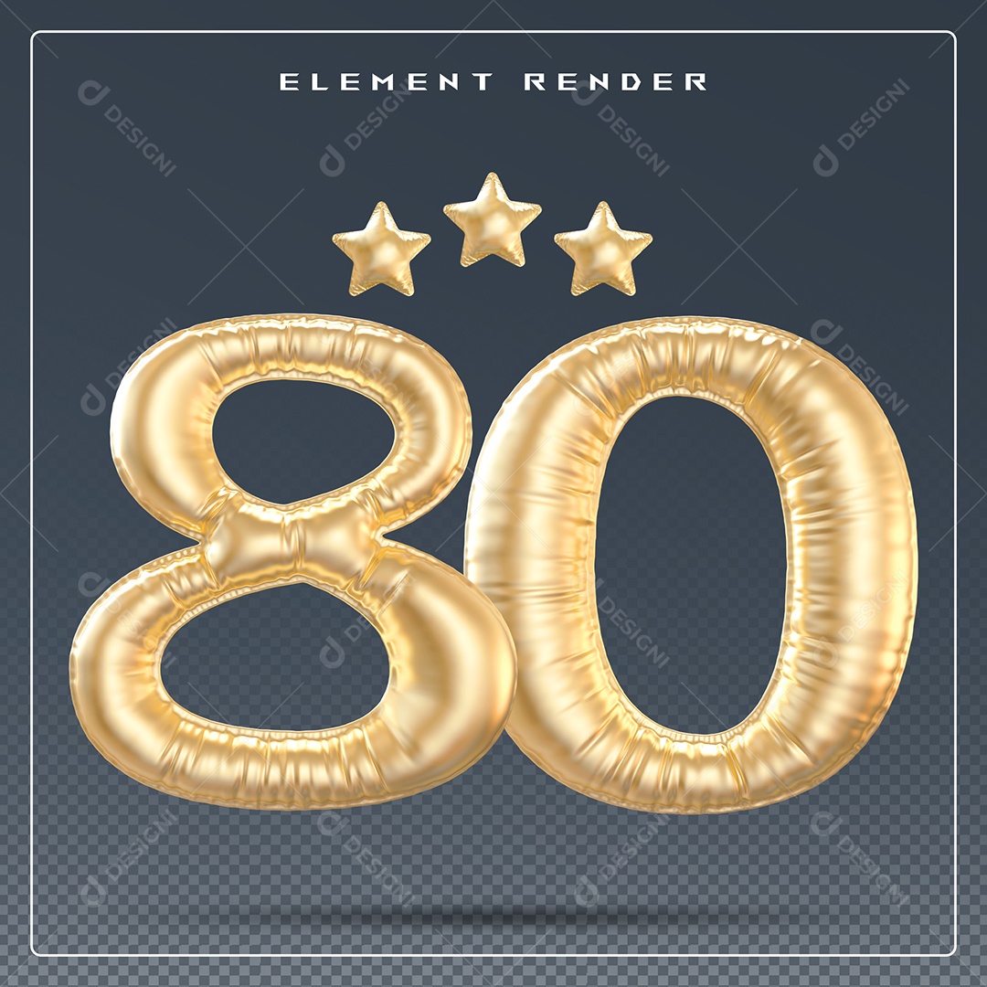 Elemento 3D Número 80 Dourado para Composição PSD