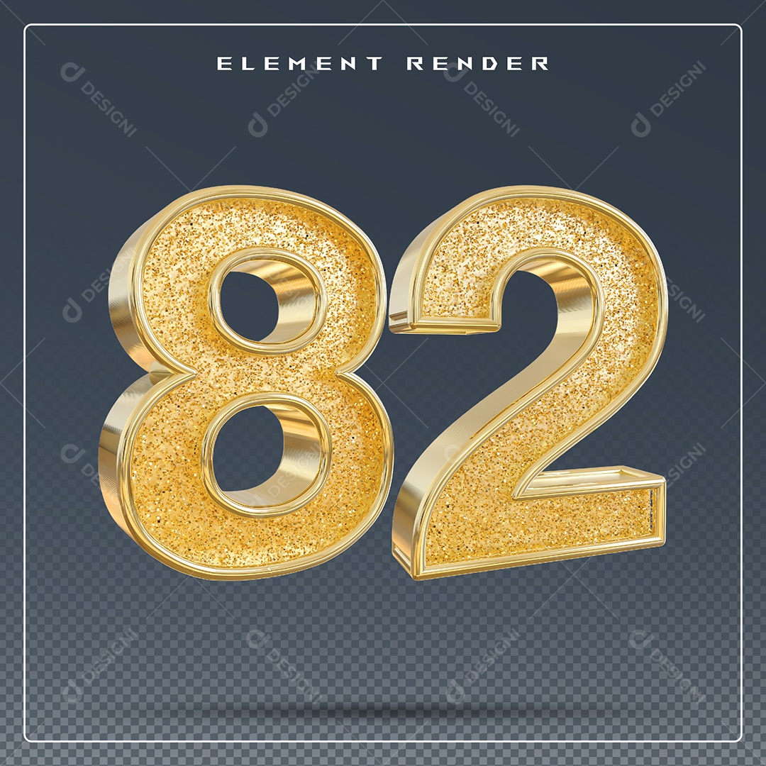 Elemento 3D Número 82 Dourado para Composição PSD