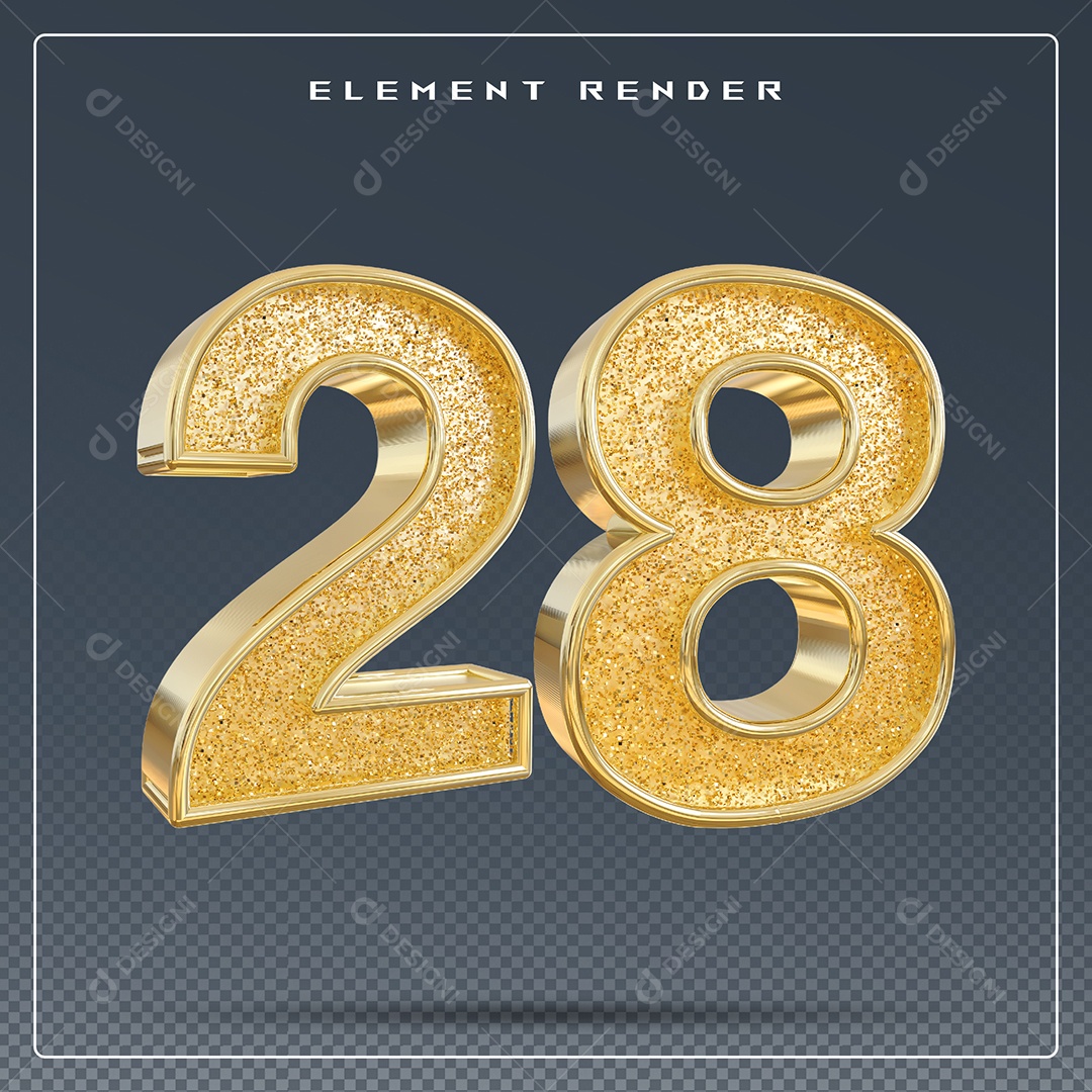 Elemento 3D Número 28 Dourado para Composição PSD
