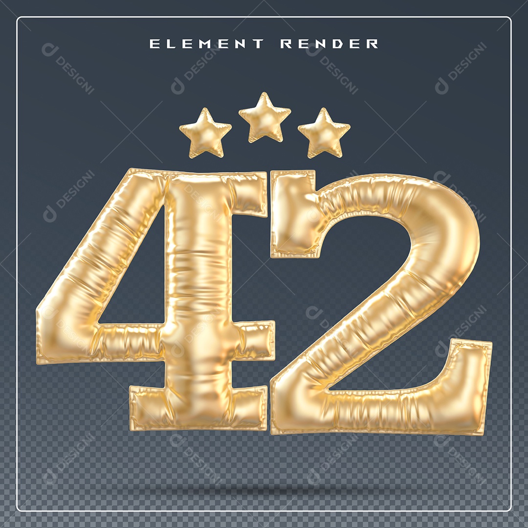 Elemento 3D Número 42 Dourado para Composição PSD