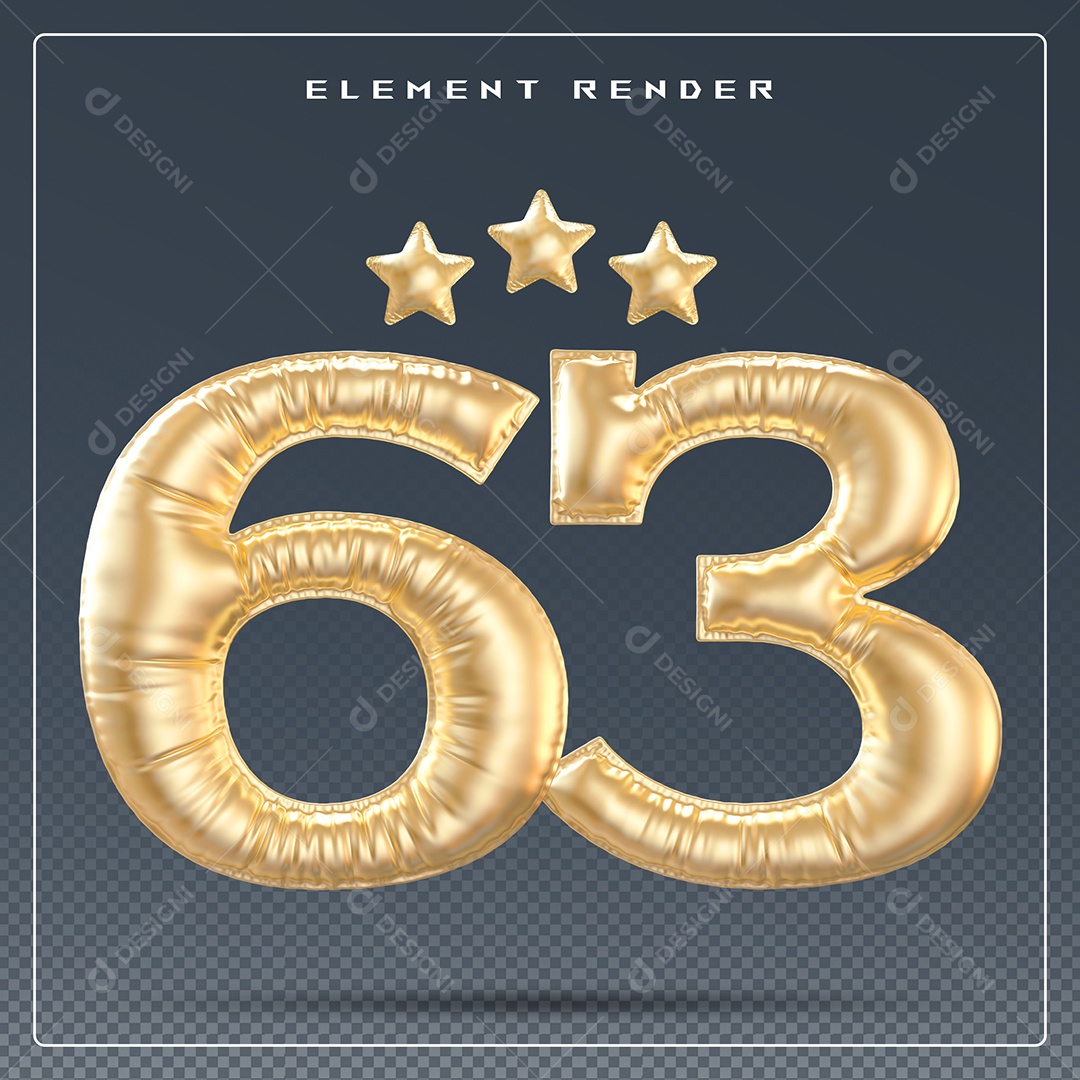 Elemento 3D Número 63 Dourado para Composição PSD