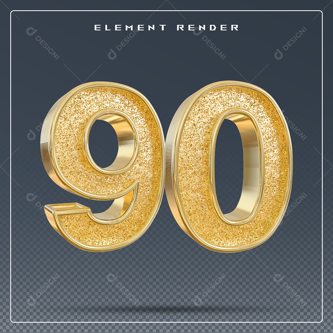 Elemento 3D Número 90 Dourado para Composição PSD