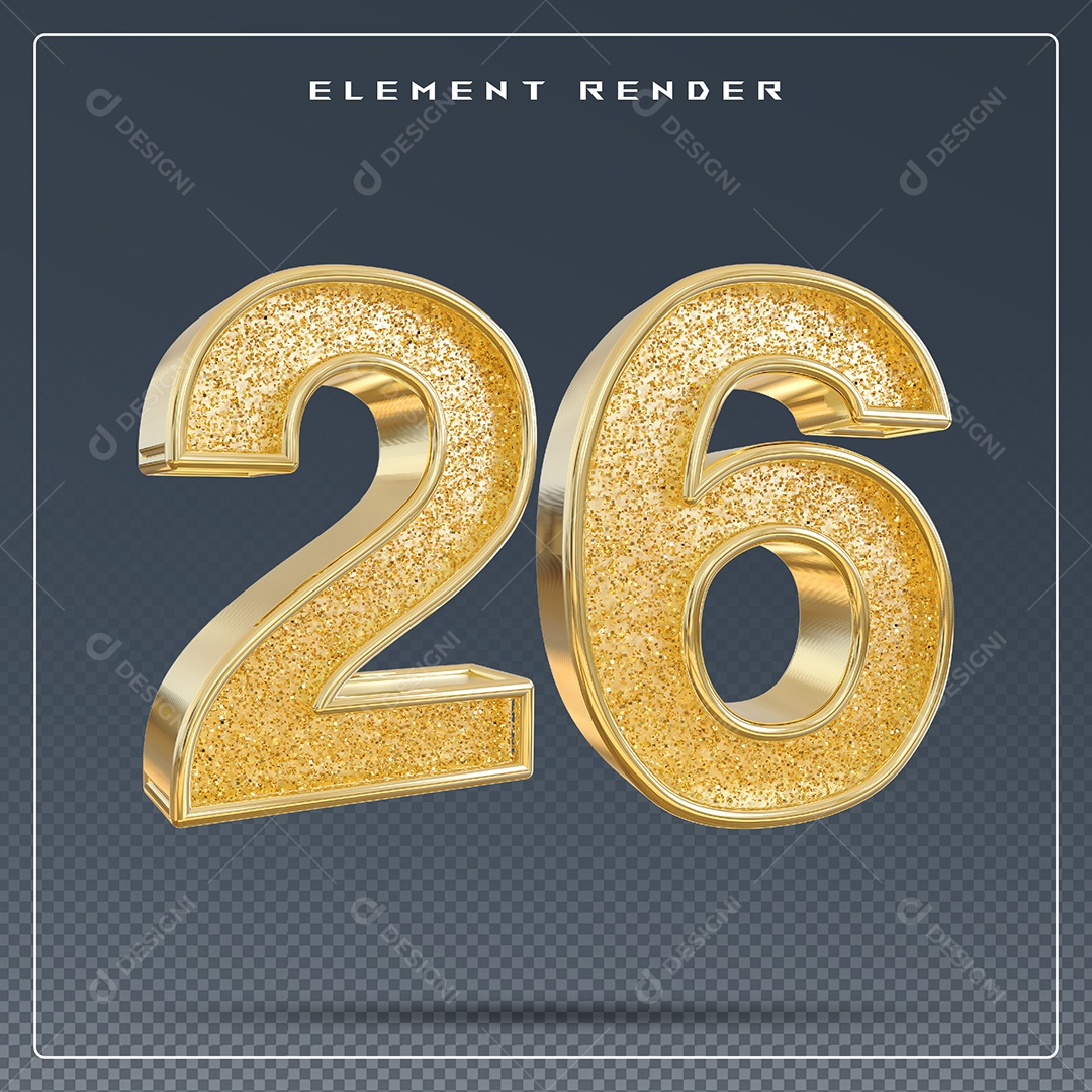 Elemento 3D Número 26 Dourado para Composição PSD
