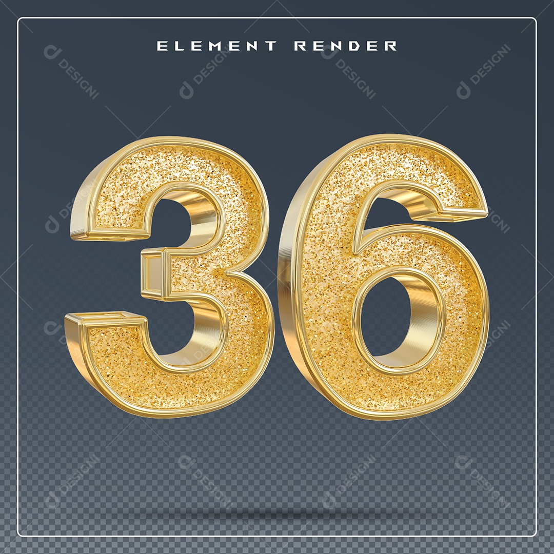Elemento 3D Número 36 Dourado para Composição PSD