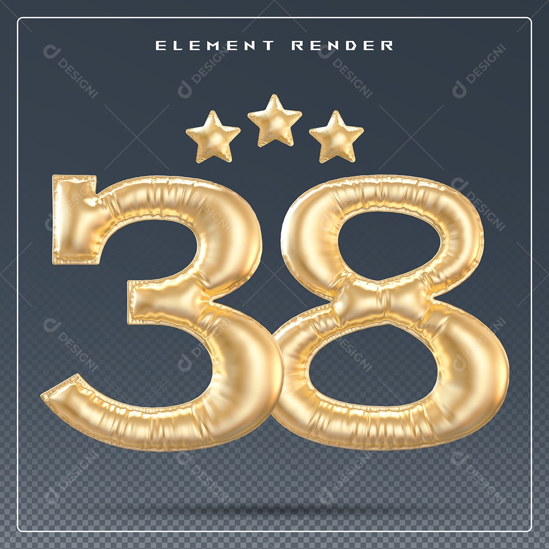 Elemento 3D Número 38 Dourado para Composição PSD